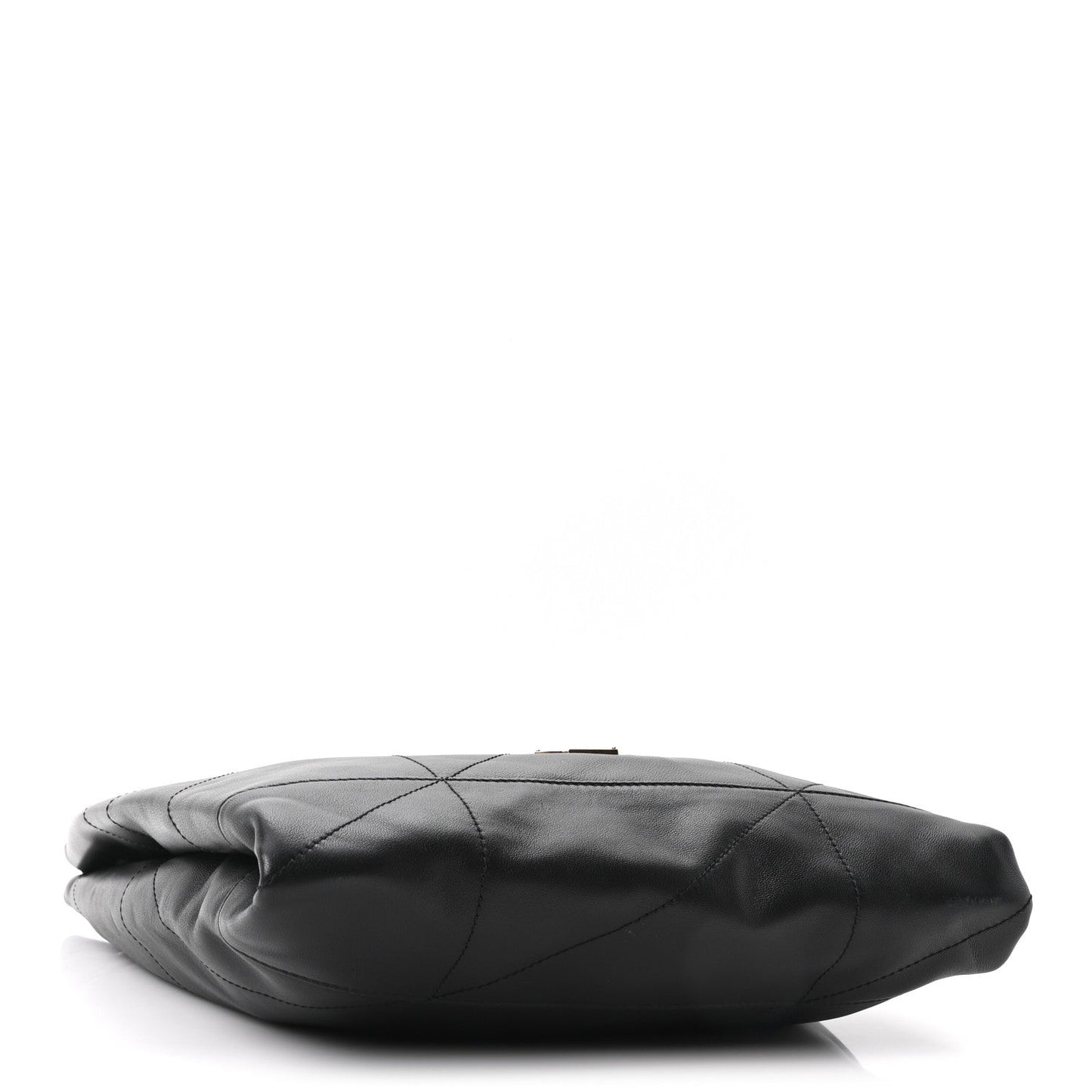 Black quilted leather bag base close-up with stitched diamond pattern