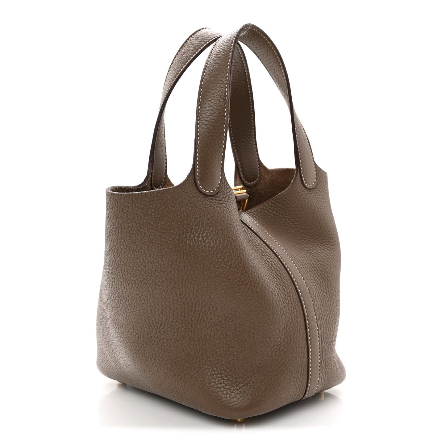 Taupe calfskin leather bucket bag with dual top handles and golden hardware.