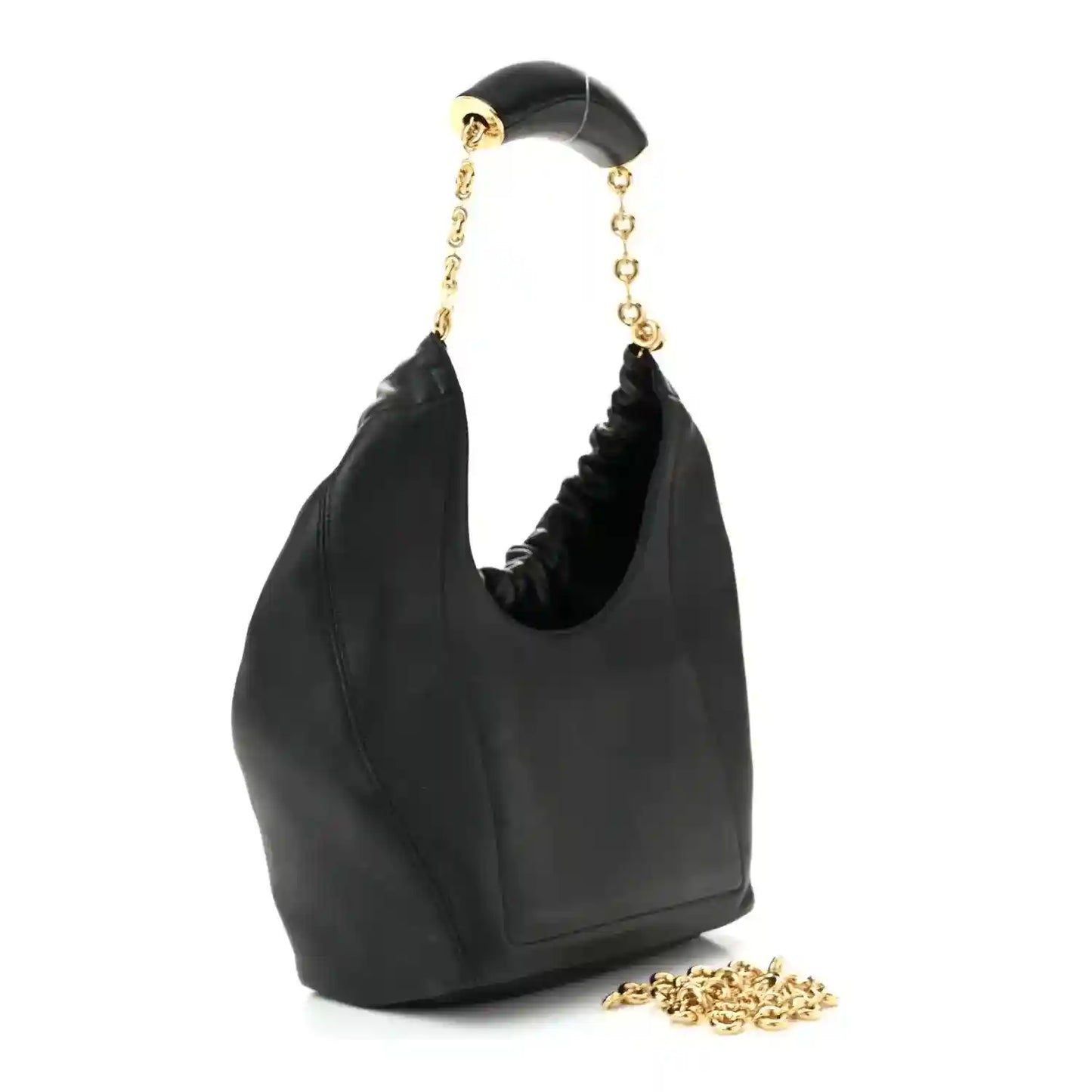 Loewe small squeeze bag in black ruched nappa leather with gold chain and top handle