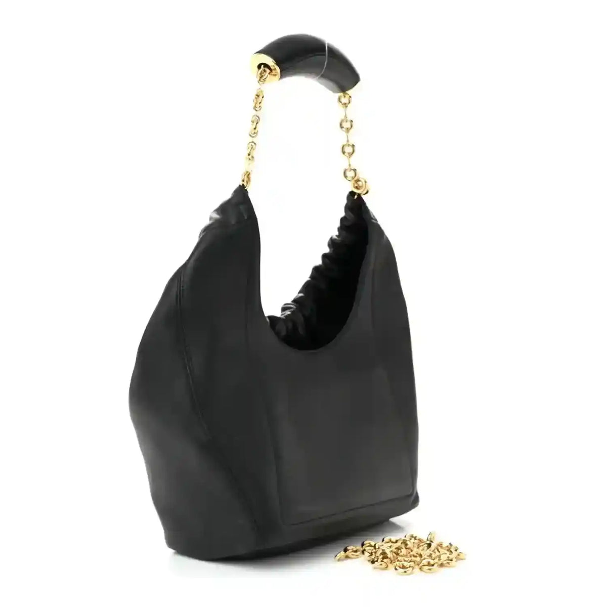 Loewe small squeeze bag in black ruched nappa leather with gold chain and top handle