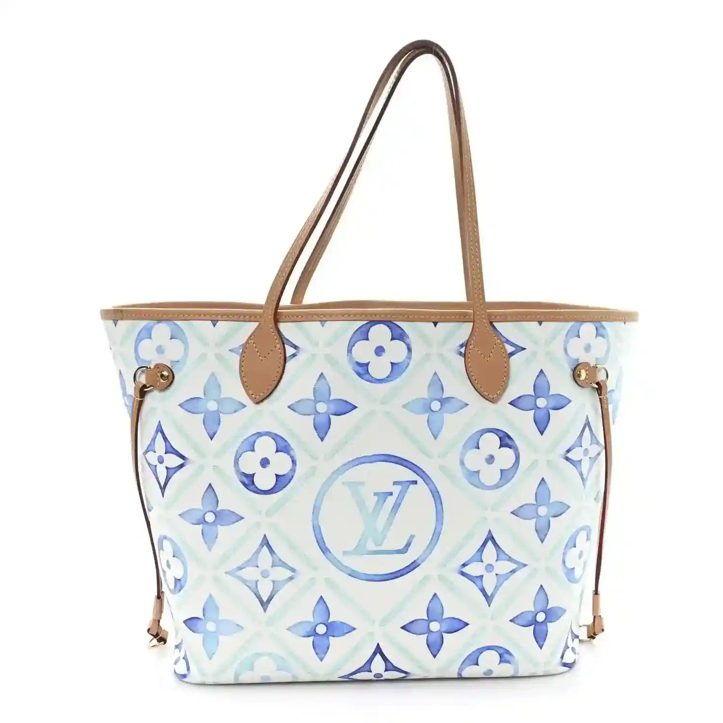 Louis Vuitton Neverfull tote in blue monogram tile print with tan leather handles