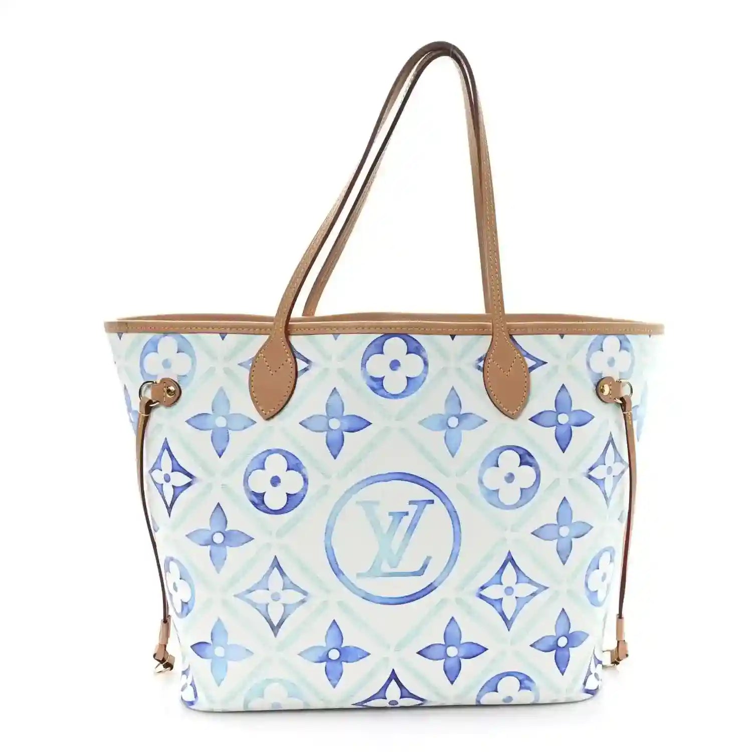Louis Vuitton Neverfull tote in blue monogram tile print with tan leather handles