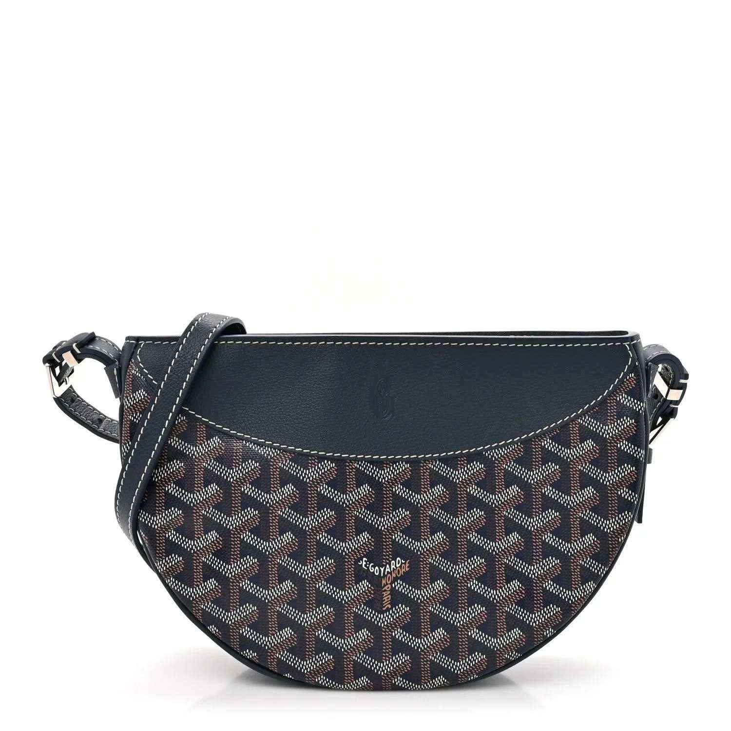 Navy canvas Goyardine shoulder bag with all-over Goyard pattern and leather trim