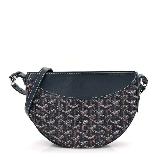 Navy canvas Goyardine shoulder bag with all-over Goyard pattern and leather trim