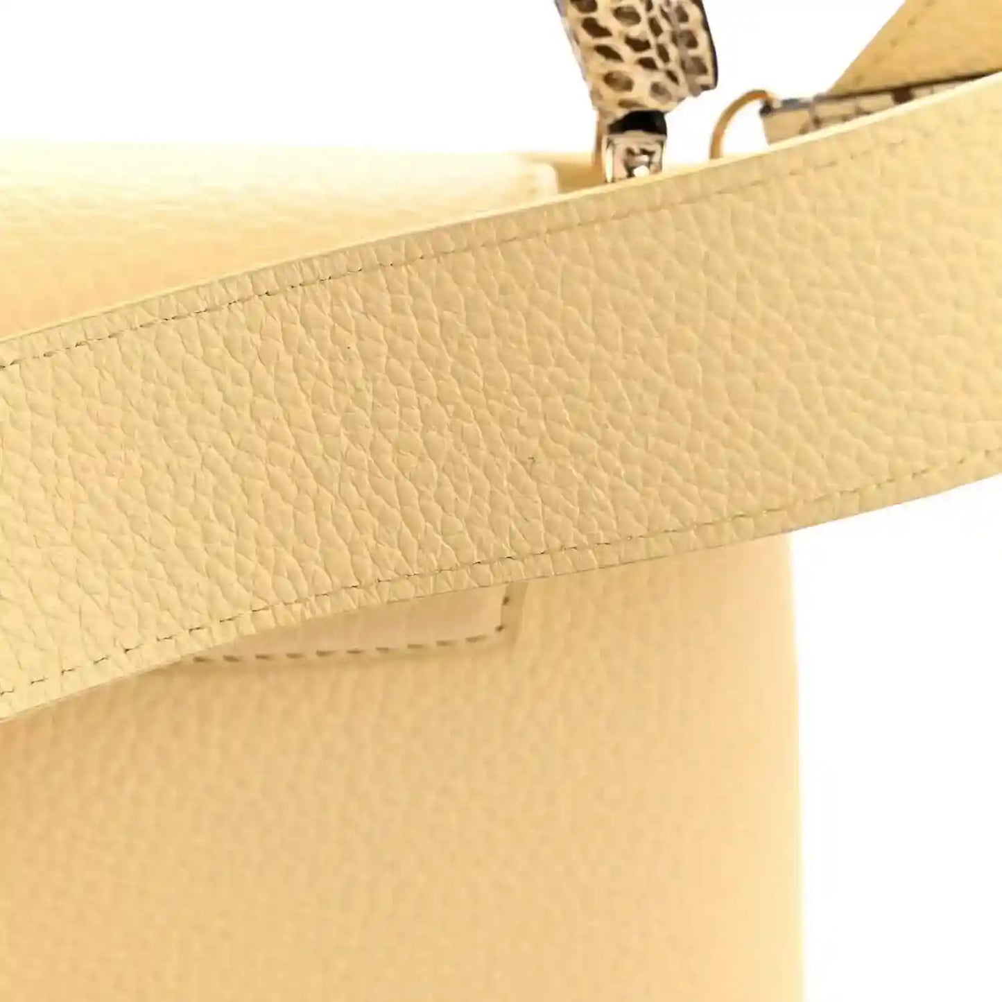 Louis Vuitton handbag strap close-up, beige textured leather with metal hardware