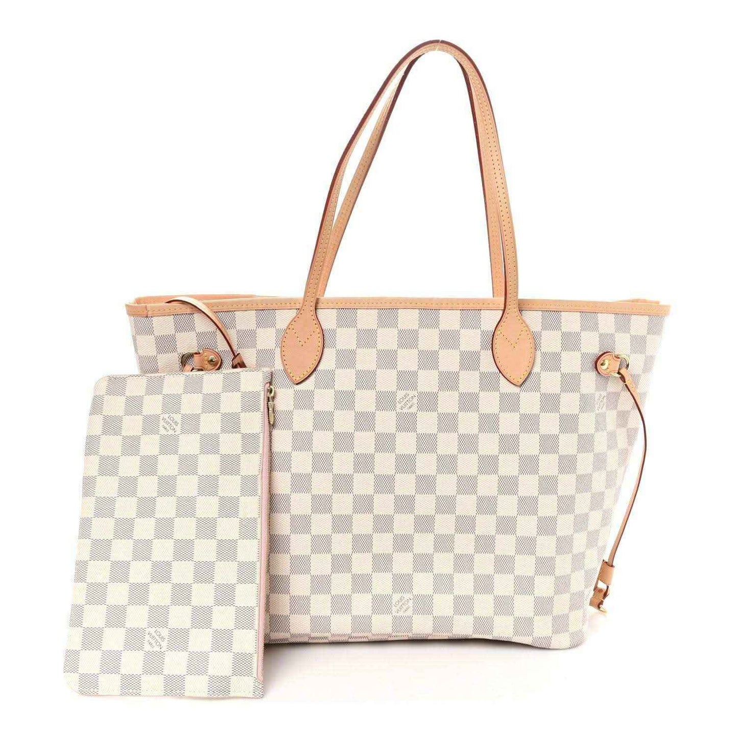 Louis Vuitton Damier Azur checkered Neverfull MM tote bag with pink leather handles