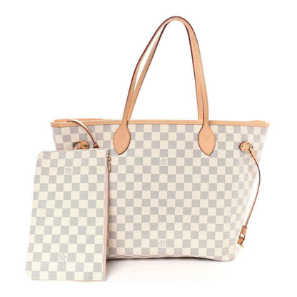 Louis Vuitton Damier Azur checkered Neverfull MM tote bag with pink leather handles
