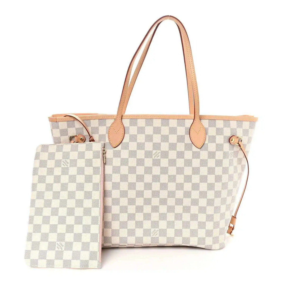 Louis Vuitton Damier Azur checkered Neverfull MM tote bag with pink leather handles