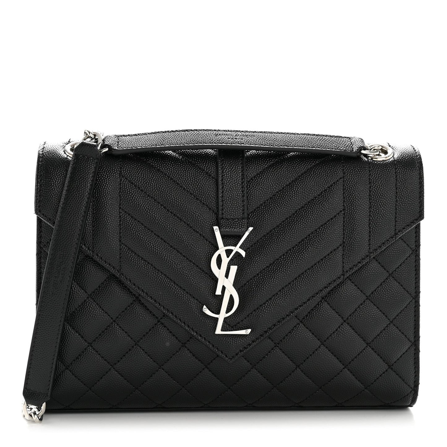 Black quilted satchel bag with YSL monogram on front flap, top handle and chain strap