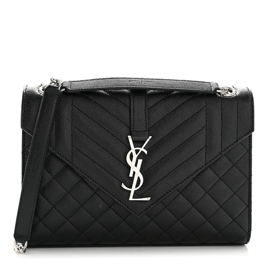 Black quilted satchel bag with YSL monogram on front flap, top handle and chain strap