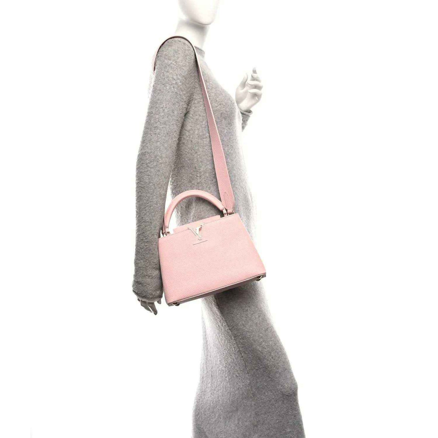 Louis Vuitton Capucines BB shoulder bag, rose pebbled leather, top handle and crossbody strap