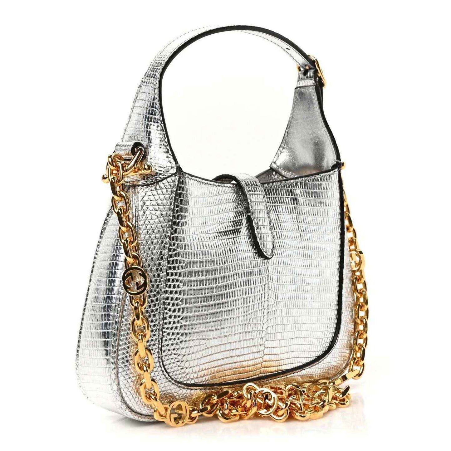 Silver lizard-effect mini shoulder bag with gold-tone chain strap and front buckle