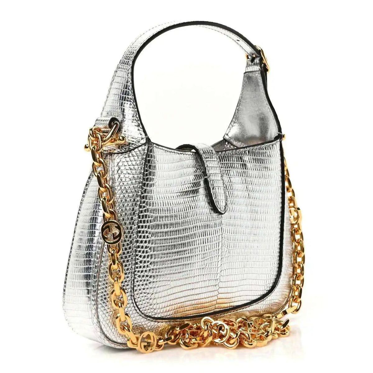 Silver lizard-effect mini shoulder bag with gold-tone chain strap and front buckle
