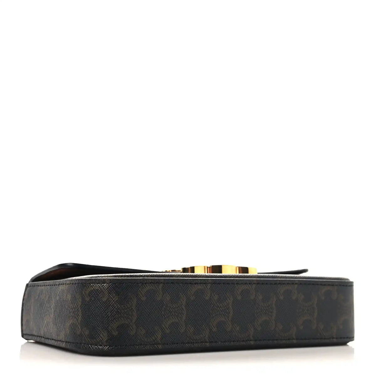 Celine canvas shoulder bag base view with dark monogram trim and gold hardware