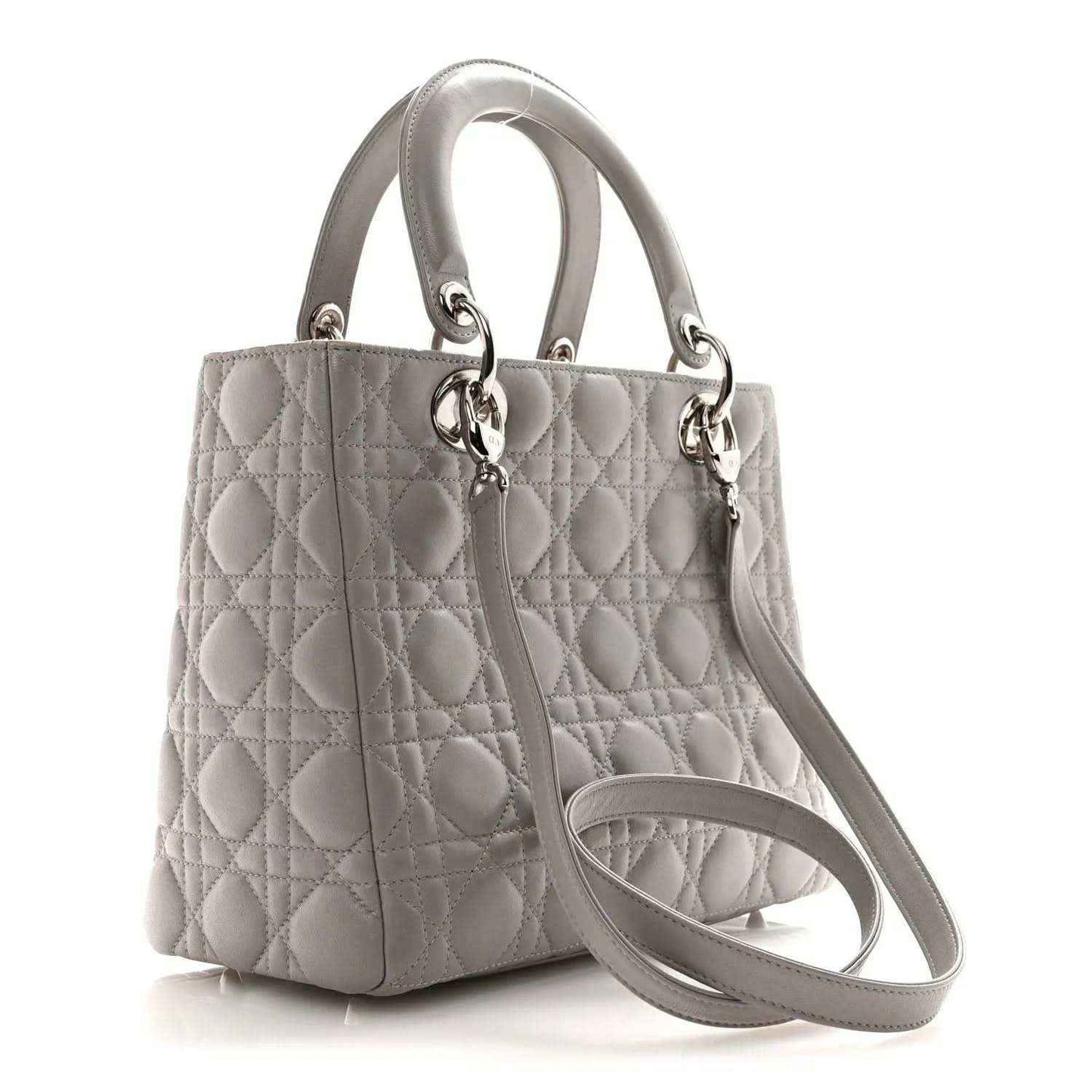 Grey quilted Lady Dior medium handbag with top handles and adjustable shoulder strap