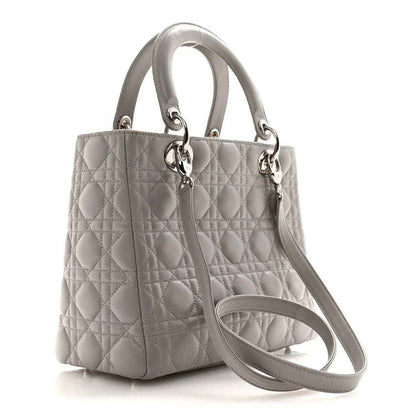 Grey quilted Lady Dior medium handbag with top handles and adjustable shoulder strap
