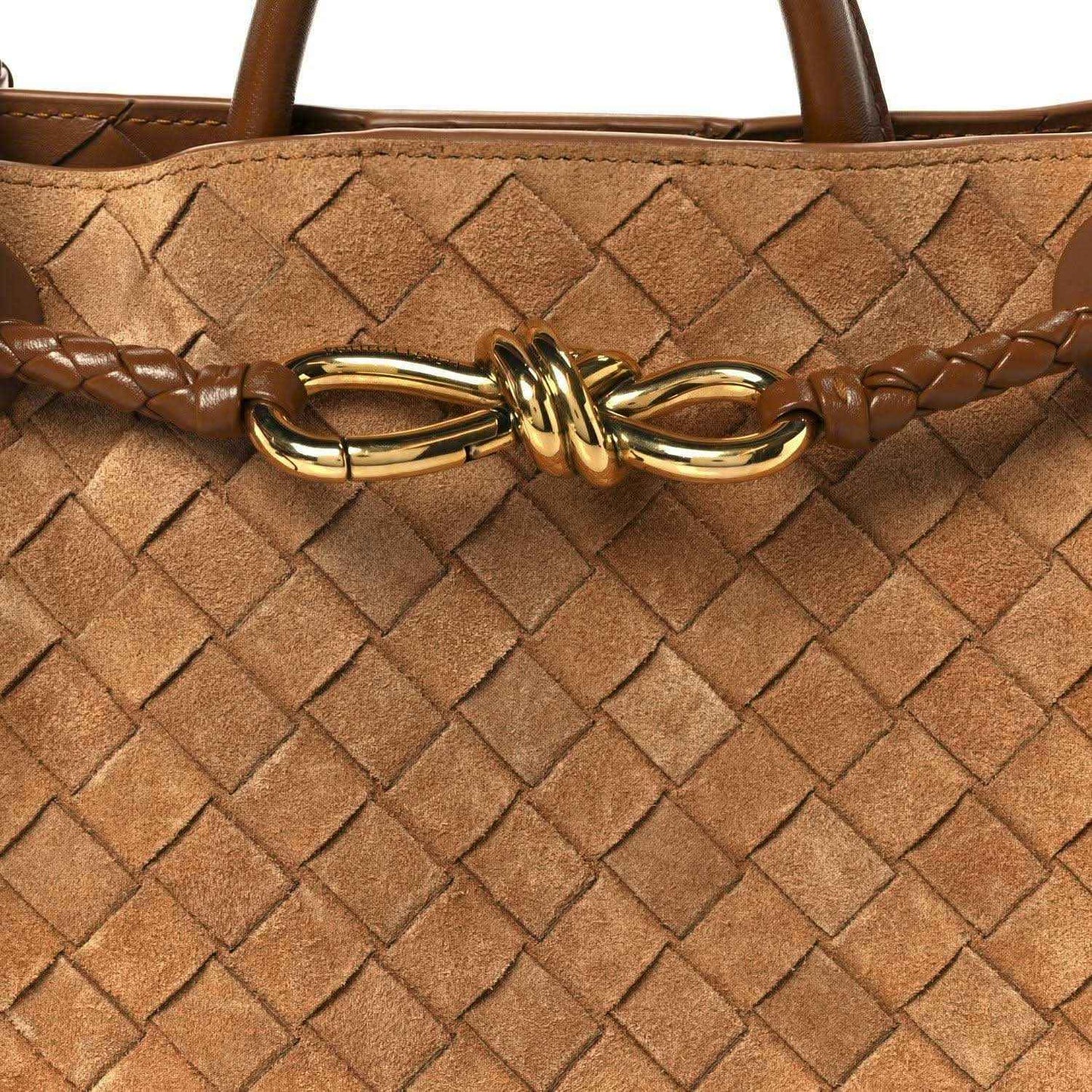 Amber suede intrecciato top section with braided tie strap and gold clasp hardware