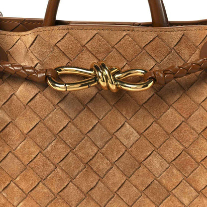 Amber suede intrecciato top section with braided tie strap and gold clasp hardware