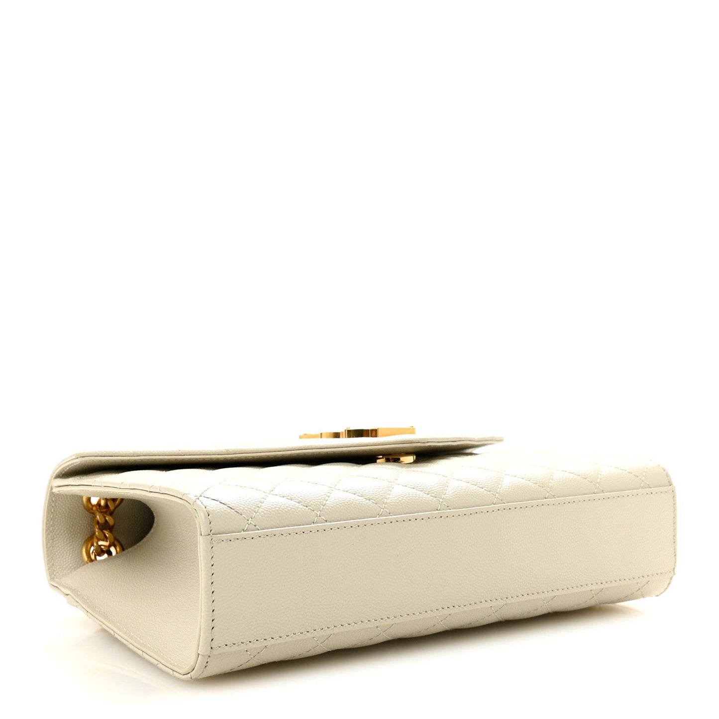 Cream quilted satchel side view with gold chain and top hardware