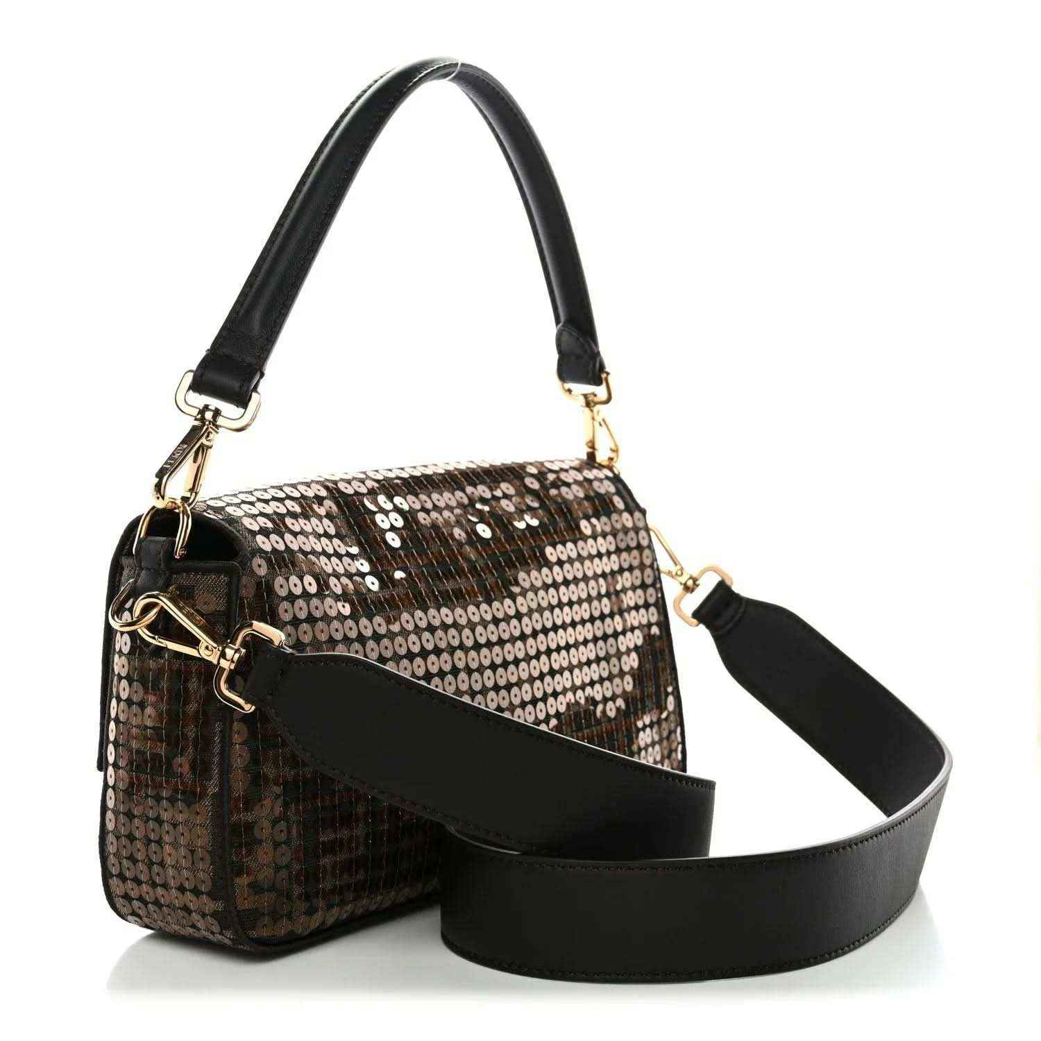 Fendi baguette bag with brown sequin jacquard, black leather strap, and gold-tone hardware