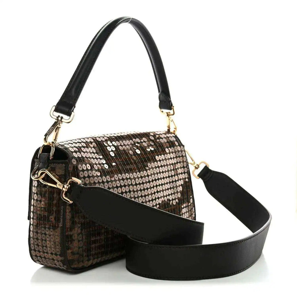 Fendi baguette bag with brown sequin jacquard, black leather strap, and gold-tone hardware