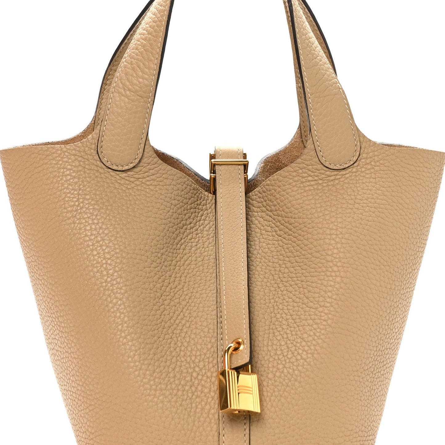 Beige leather tote with top handles and gold lock bar closure detail