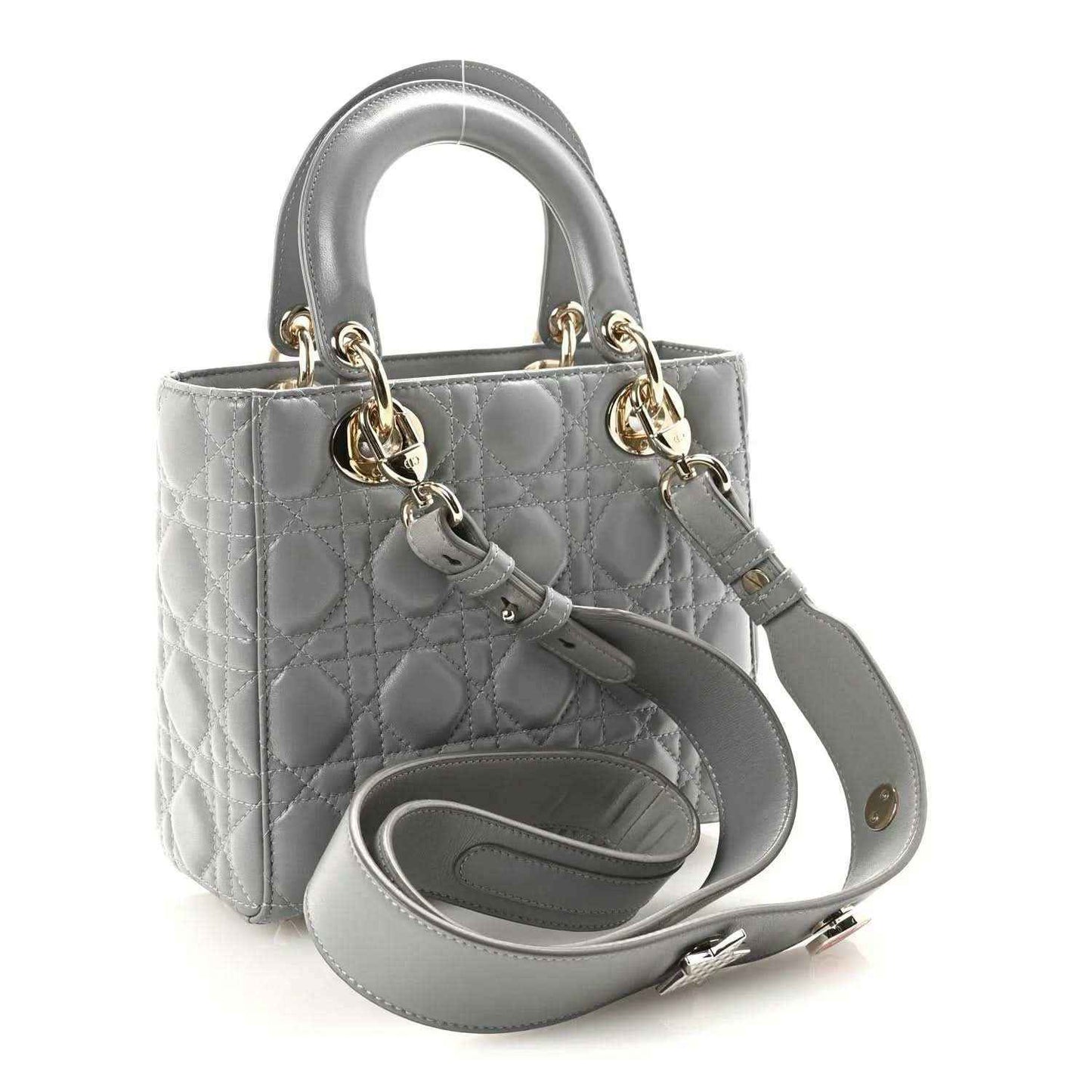 Grey quilted Lady Dior handbag with top handle, shoulder strap, and metal clasp hardware