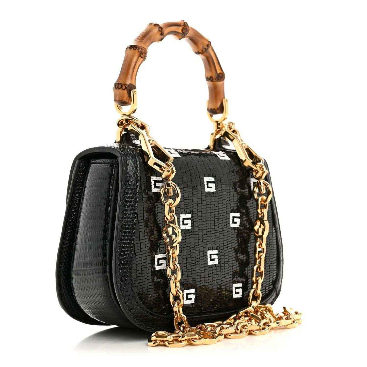 Gucci mini top handle bag, black with GG pattern, bamboo handle, gold chain
