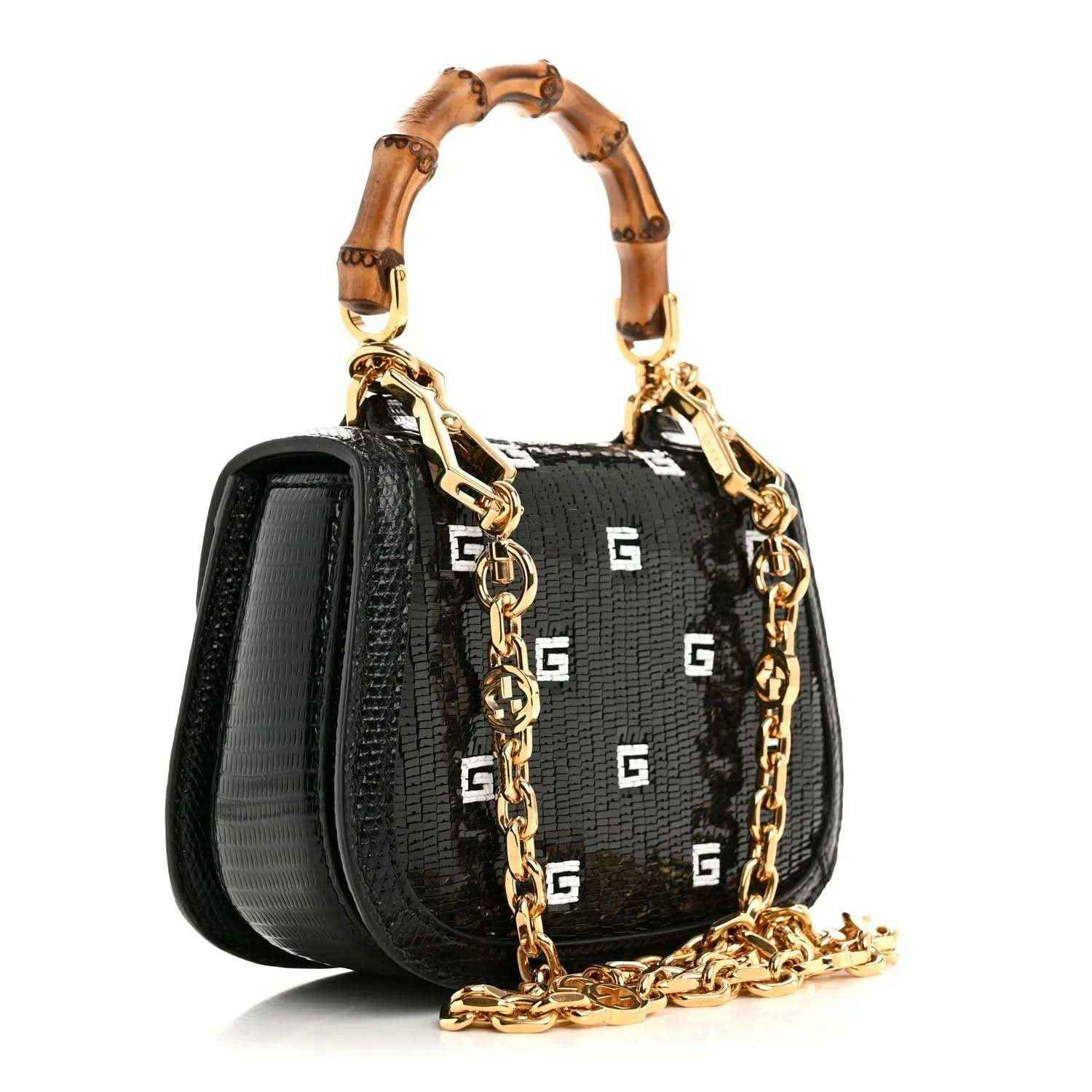 Gucci mini top handle bag, black with GG pattern, bamboo handle, gold chain