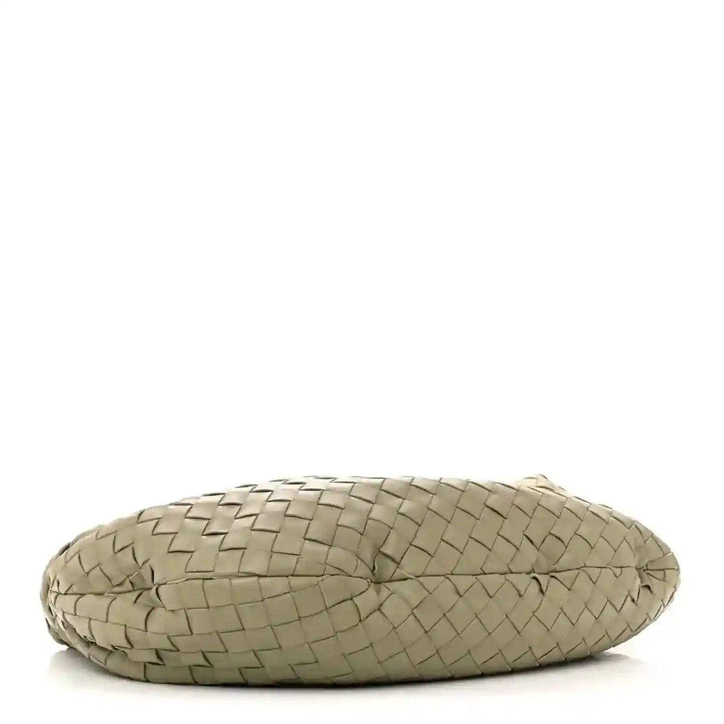 Small woven leather bag base view, rounded shape, travertine light taupe