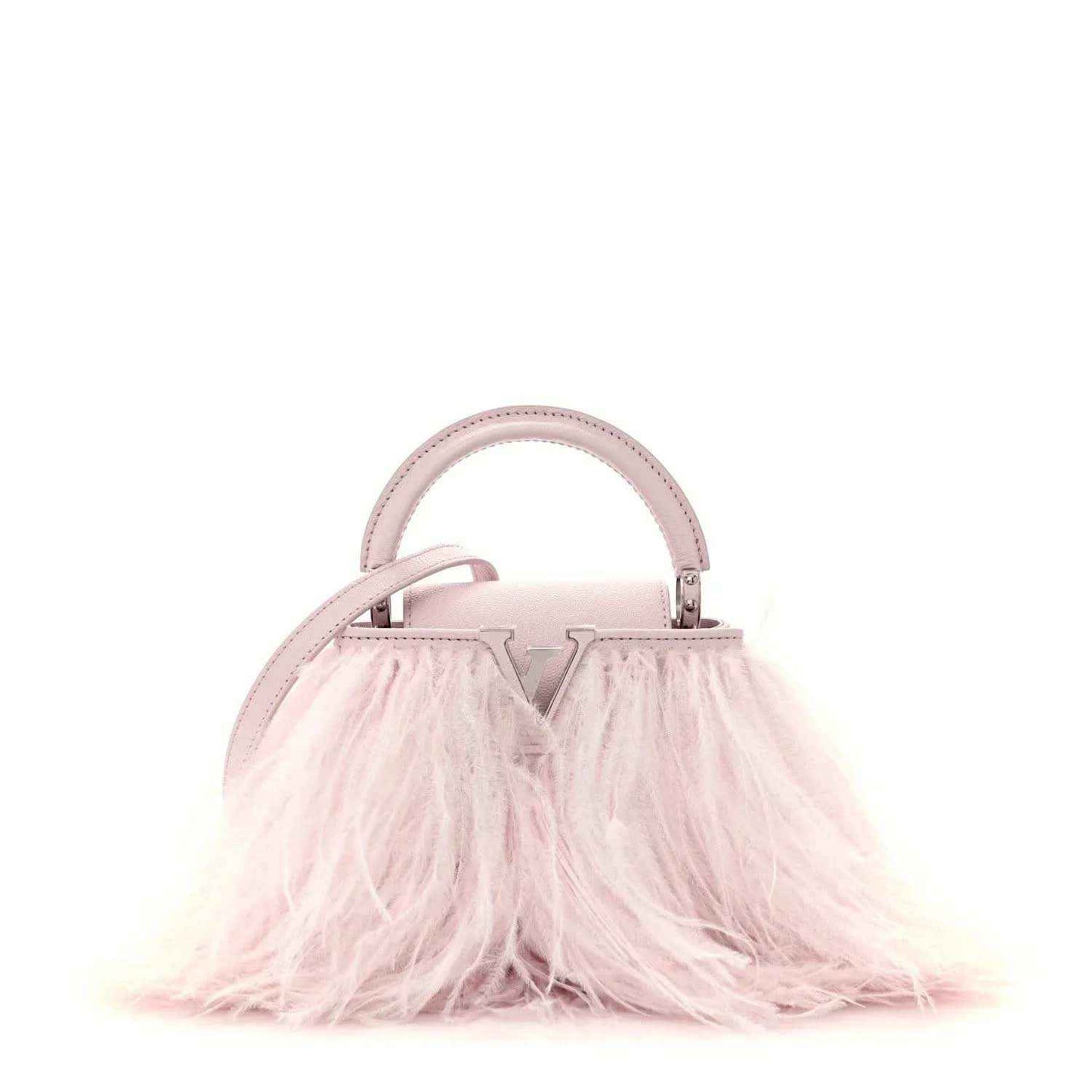 Louis Vuitton mini top-handle bag with pale pink handle and feather-front fringe