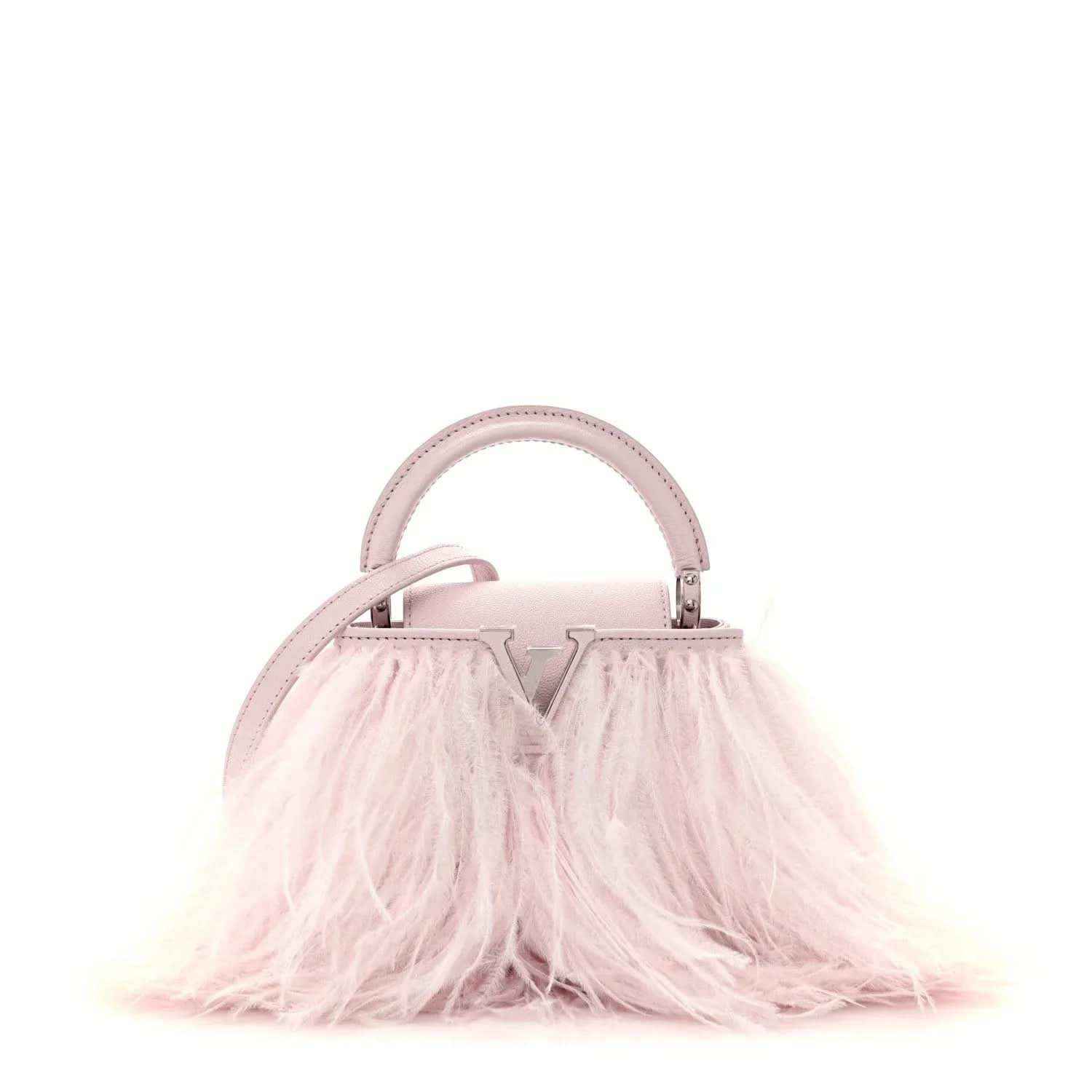 Louis Vuitton mini top-handle bag with pale pink handle and feather-front fringe