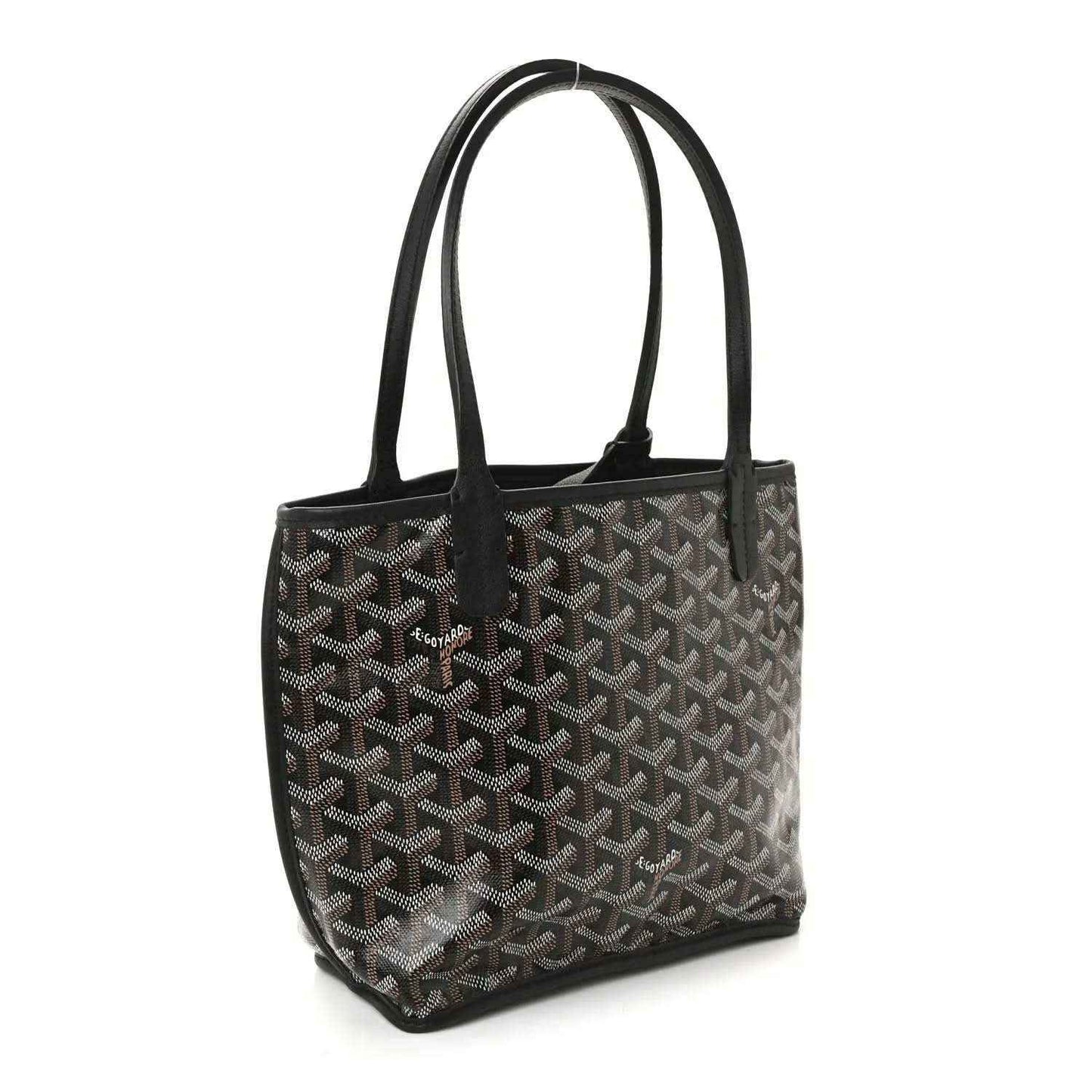 Reversible mini tote bag with black-and-gray patterned canvas and black leather handles