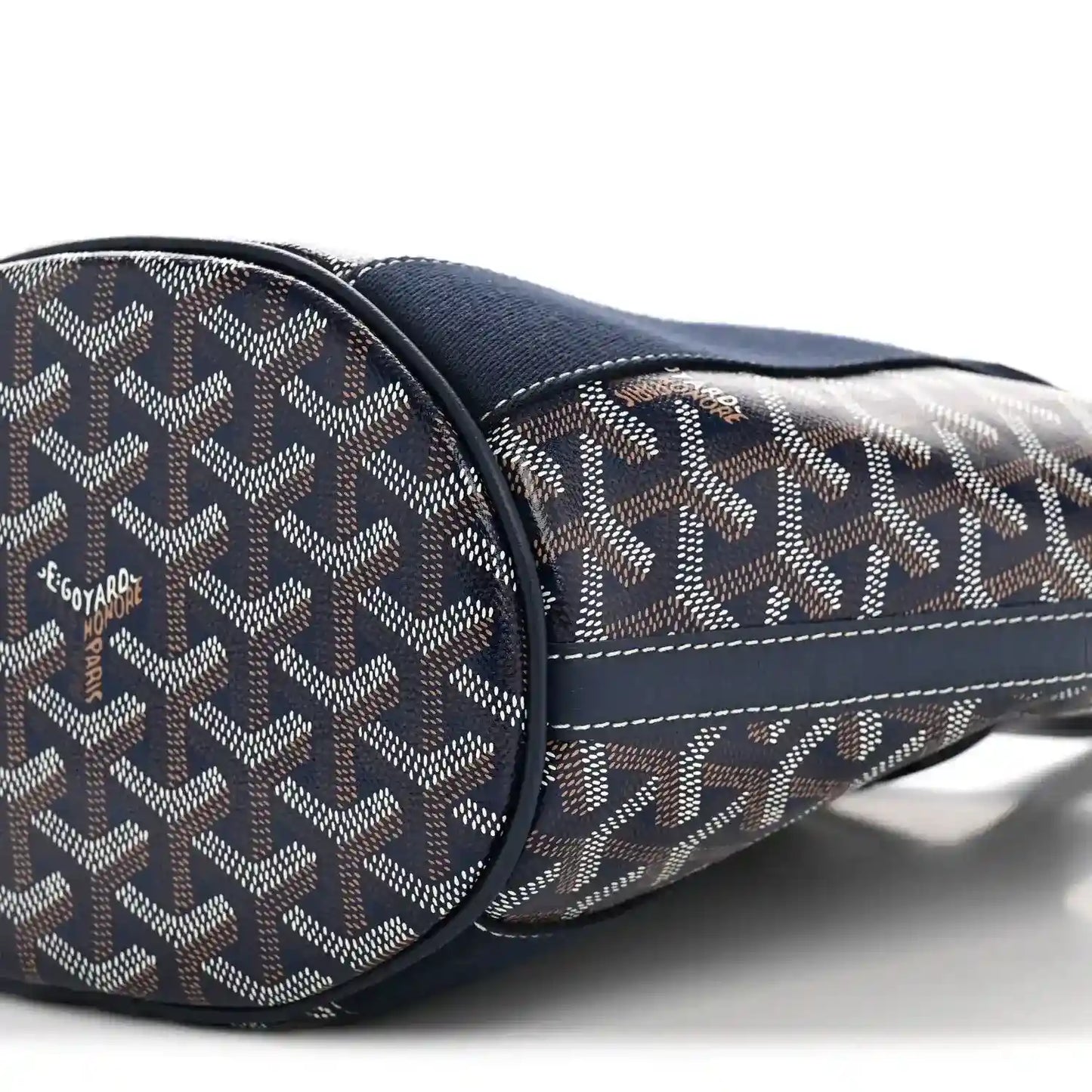 Navy patterned tote bag end with logo stamp and stitched piping