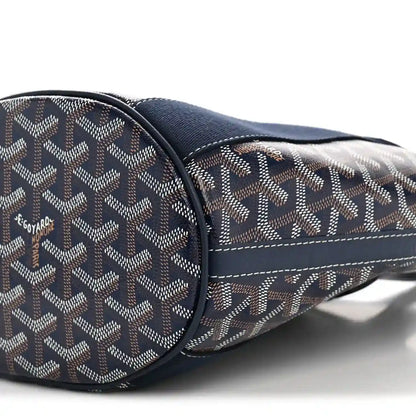 Navy patterned tote bag end with logo stamp and stitched piping