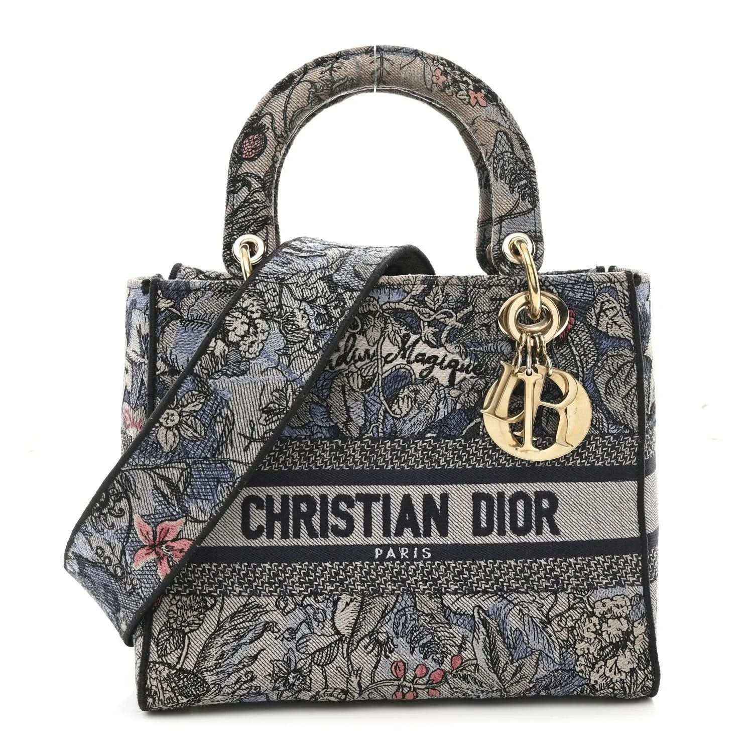 Christian Dior embroidered denim tote bag with top handles and gold hardware