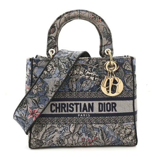 Christian Dior embroidered denim tote bag with top handles and gold hardware