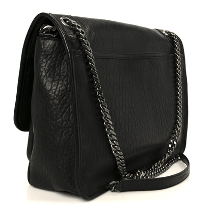 Black grained leather Niki chain satchel with braided chain strap and top flap