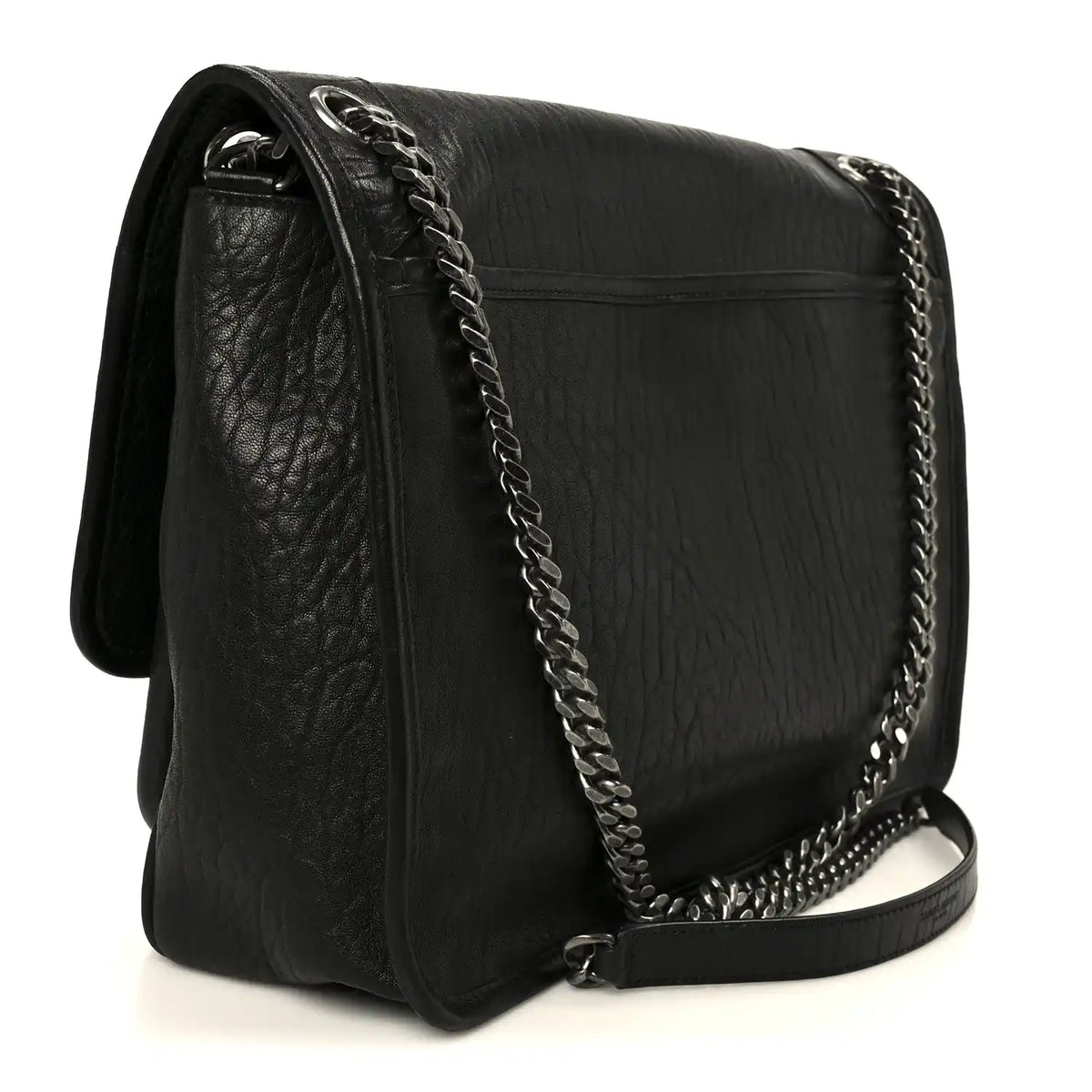 Black grained leather Niki chain satchel with braided chain strap and top flap
