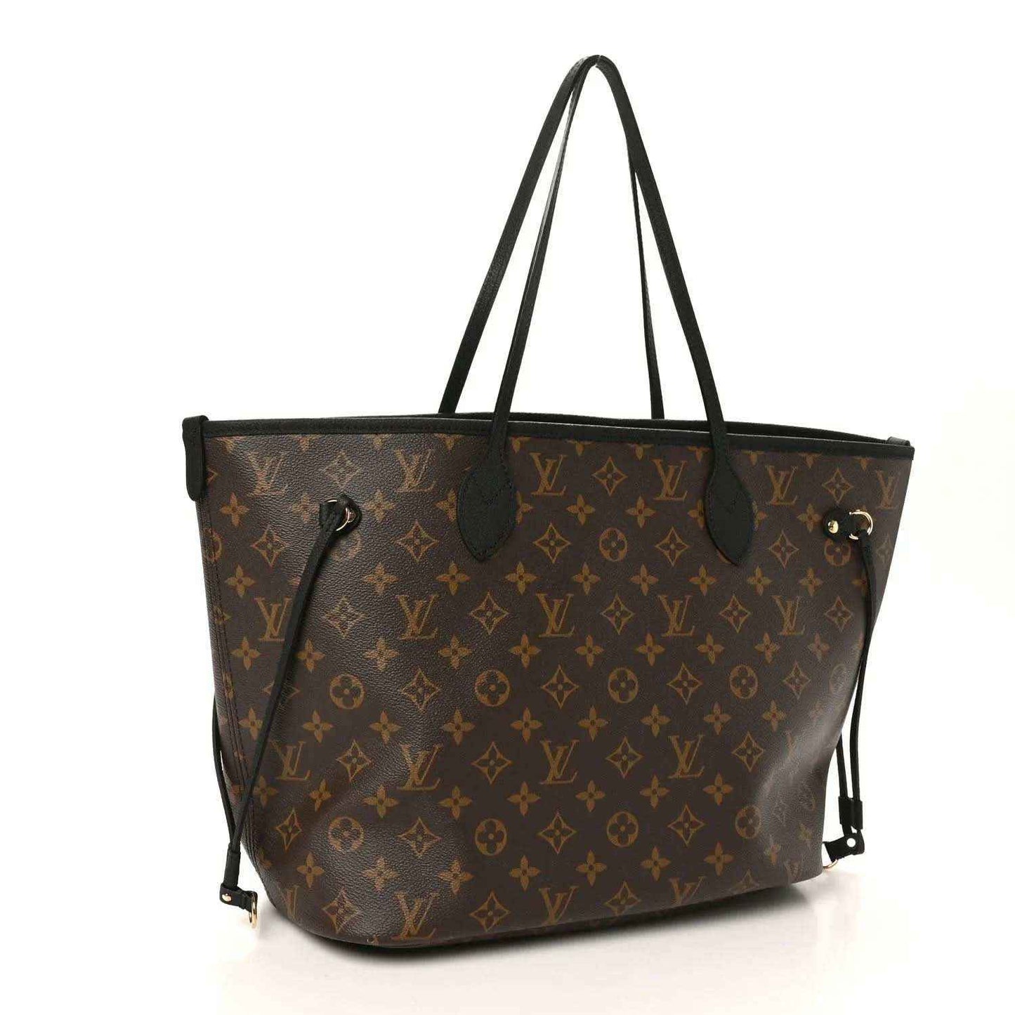 Monogram tote bag with black handles and gold-tone hardware, front view