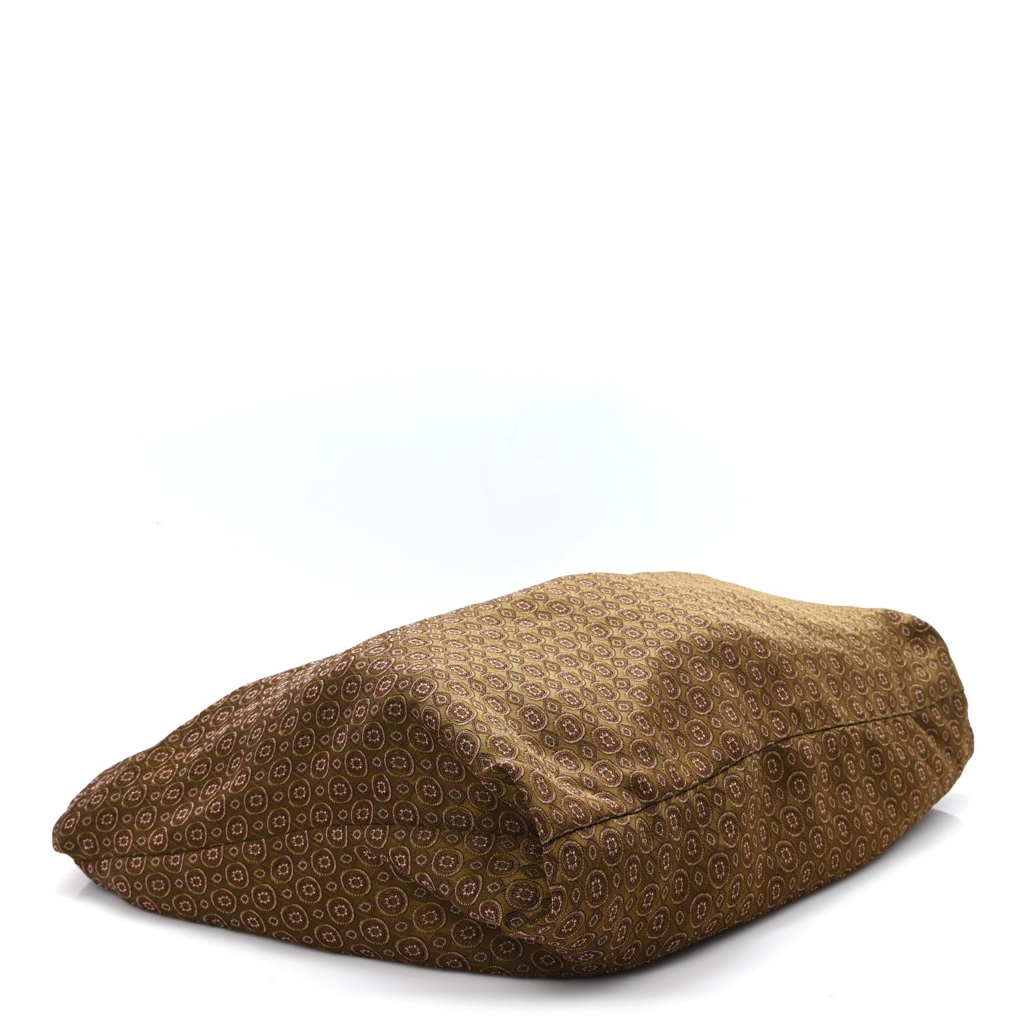 Hobo bag laid down, jacquard medallion pattern, brown/olive fabric.