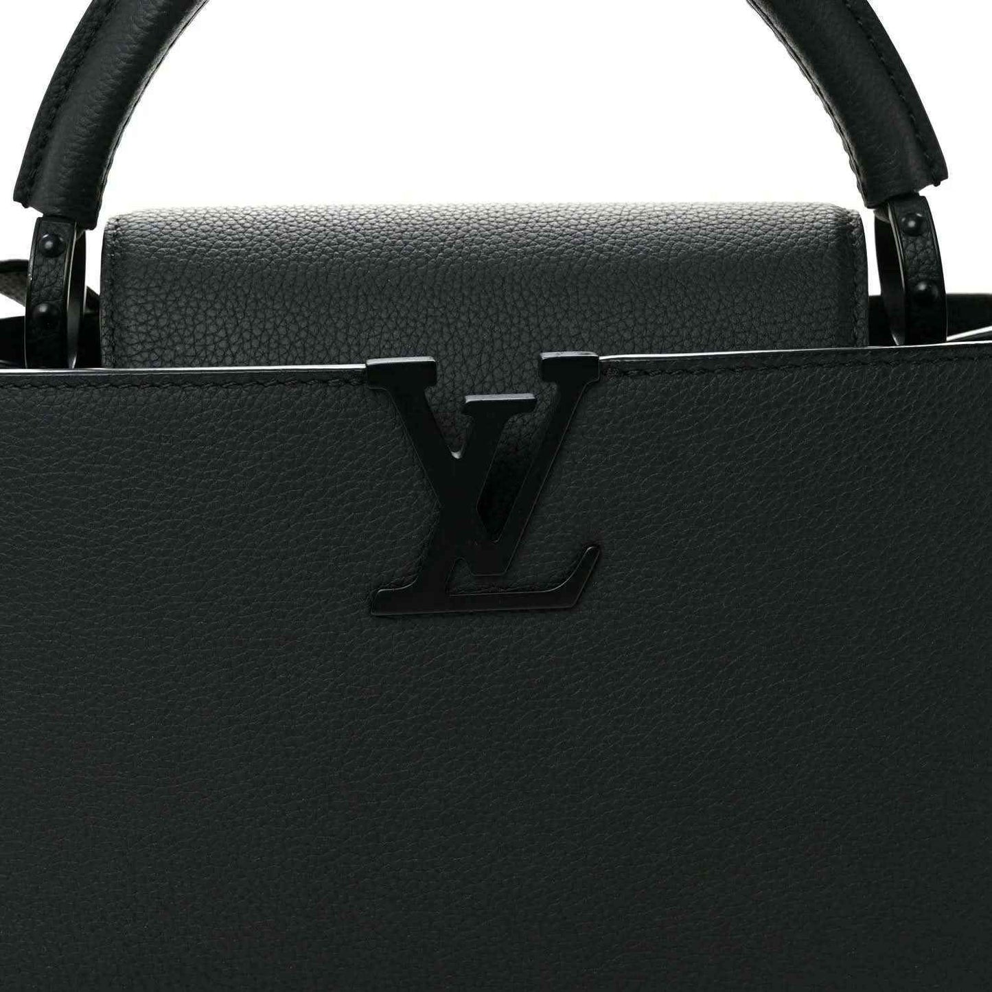 Matte black leather handbag front with LV monogram and structured top edge