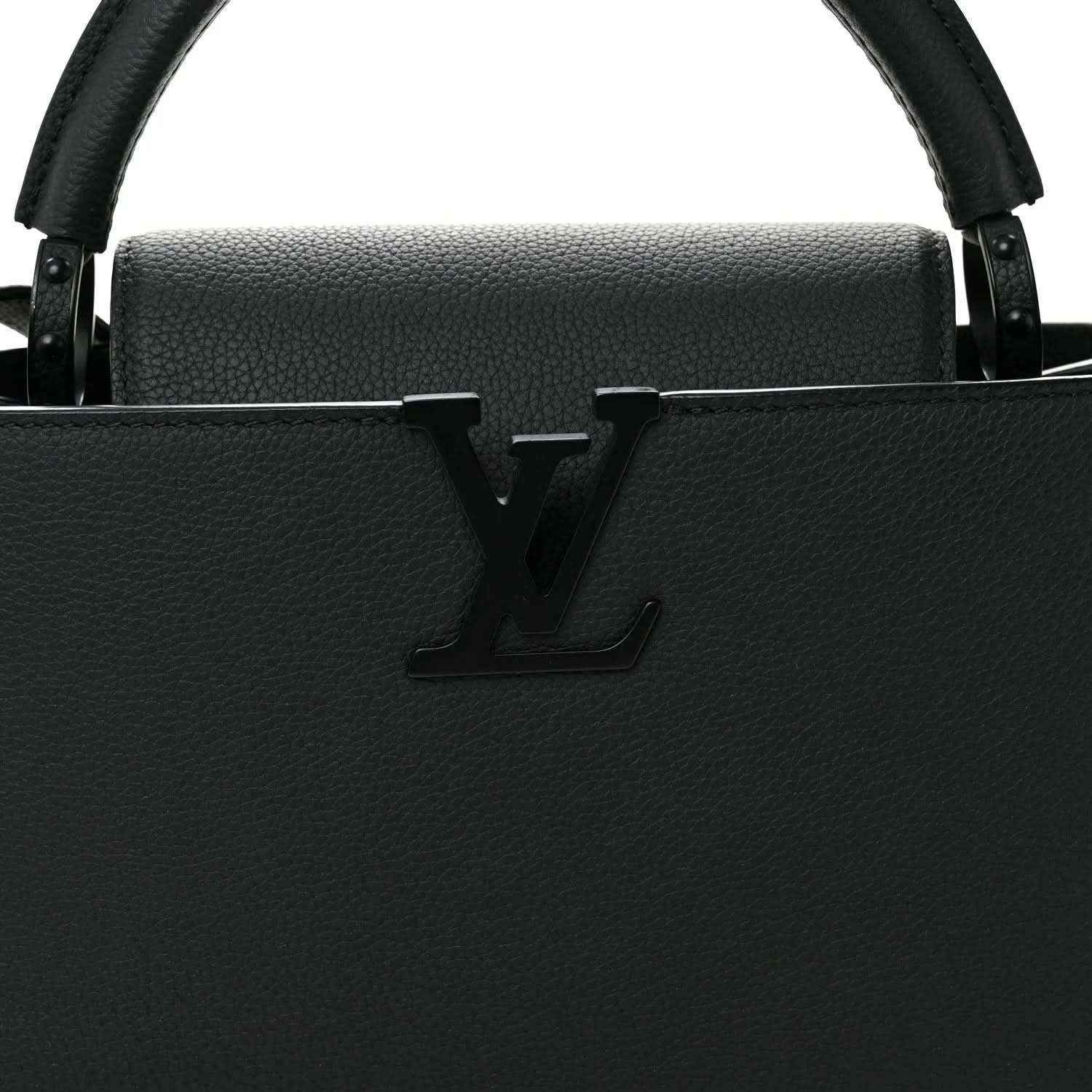 Matte black leather handbag front with LV monogram and structured top edge