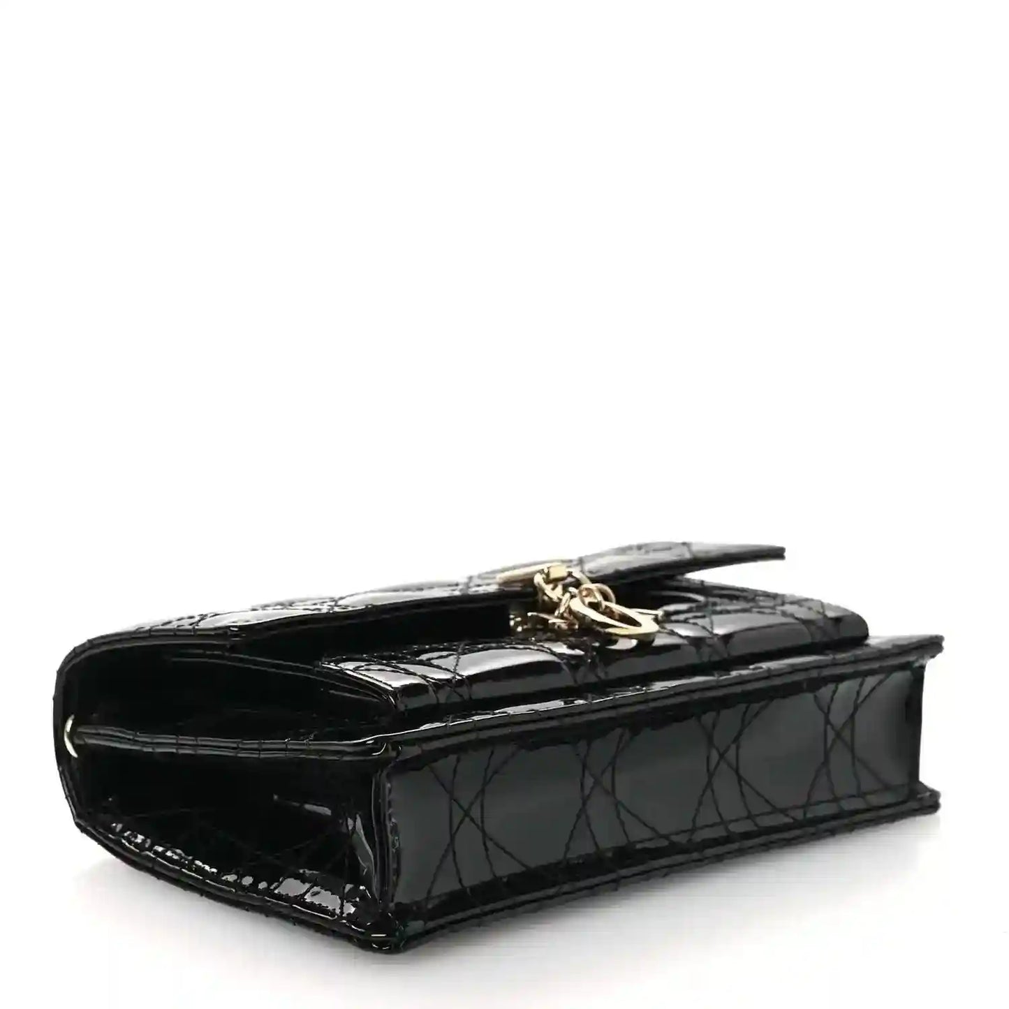 Black patent cannage Lady Dior chain pouch side view with glossy texture