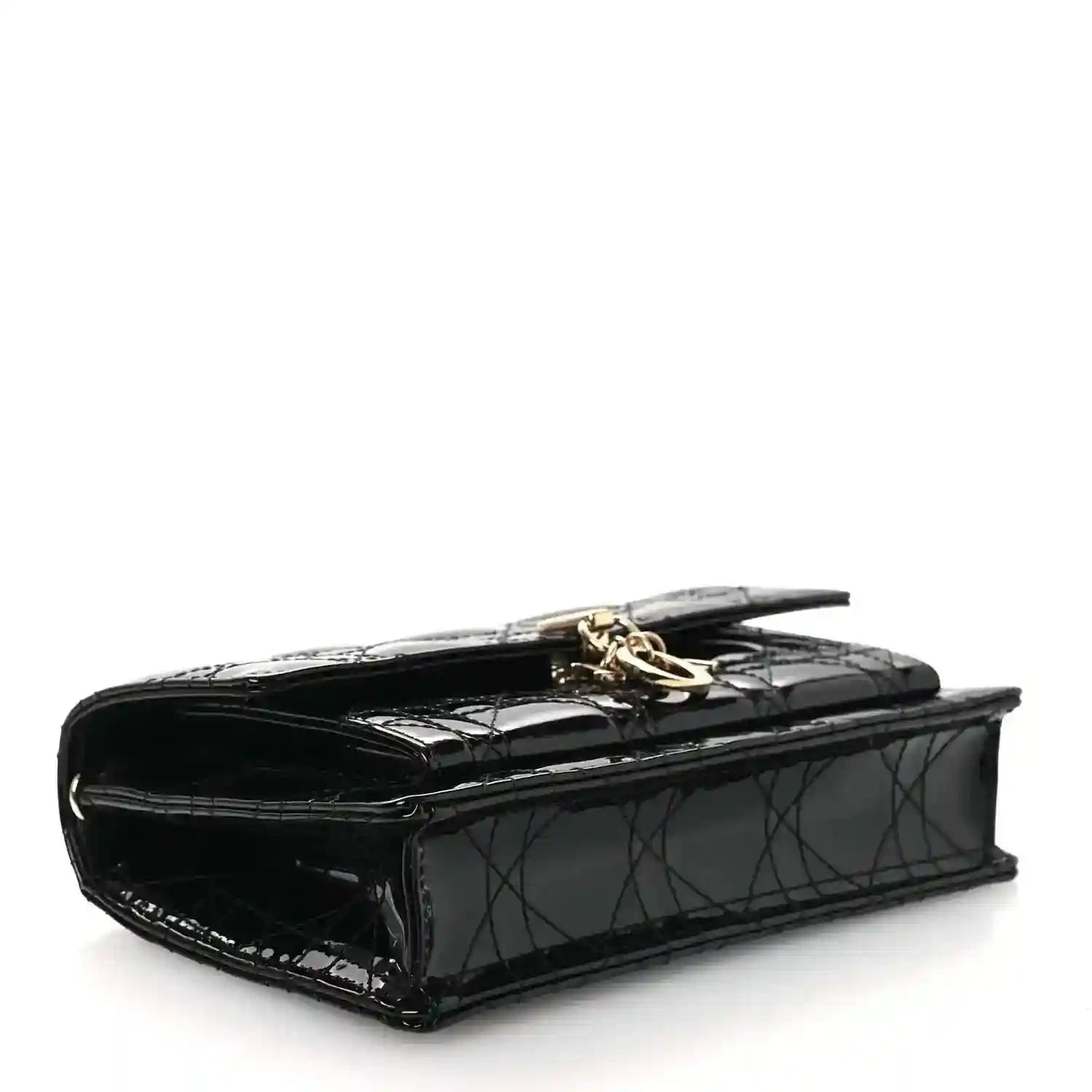 Black patent cannage Lady Dior chain pouch side view with glossy texture