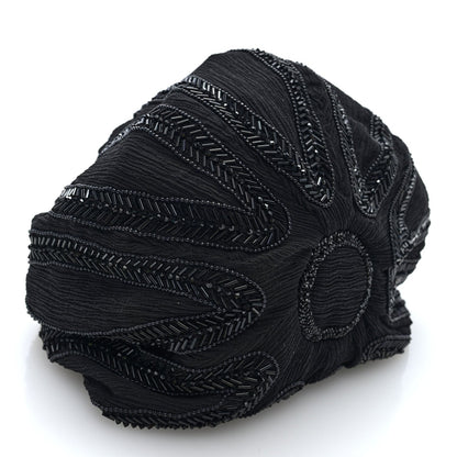 Black beaded pochon bag with scalloped side panel and intricate broderie stitchwork