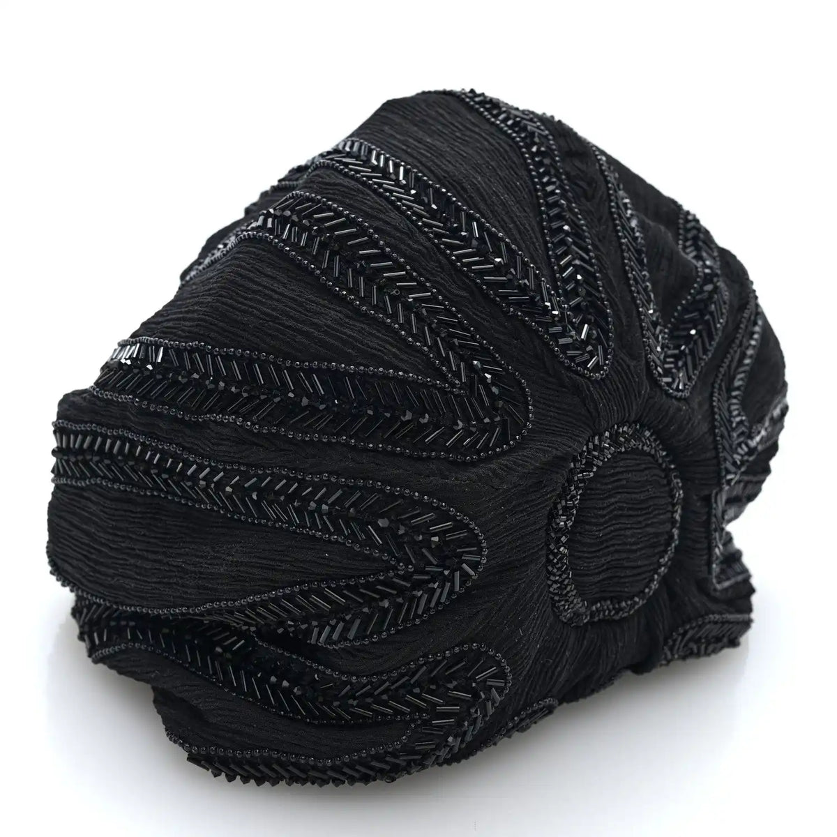 Black beaded pochon bag with scalloped side panel and intricate broderie stitchwork