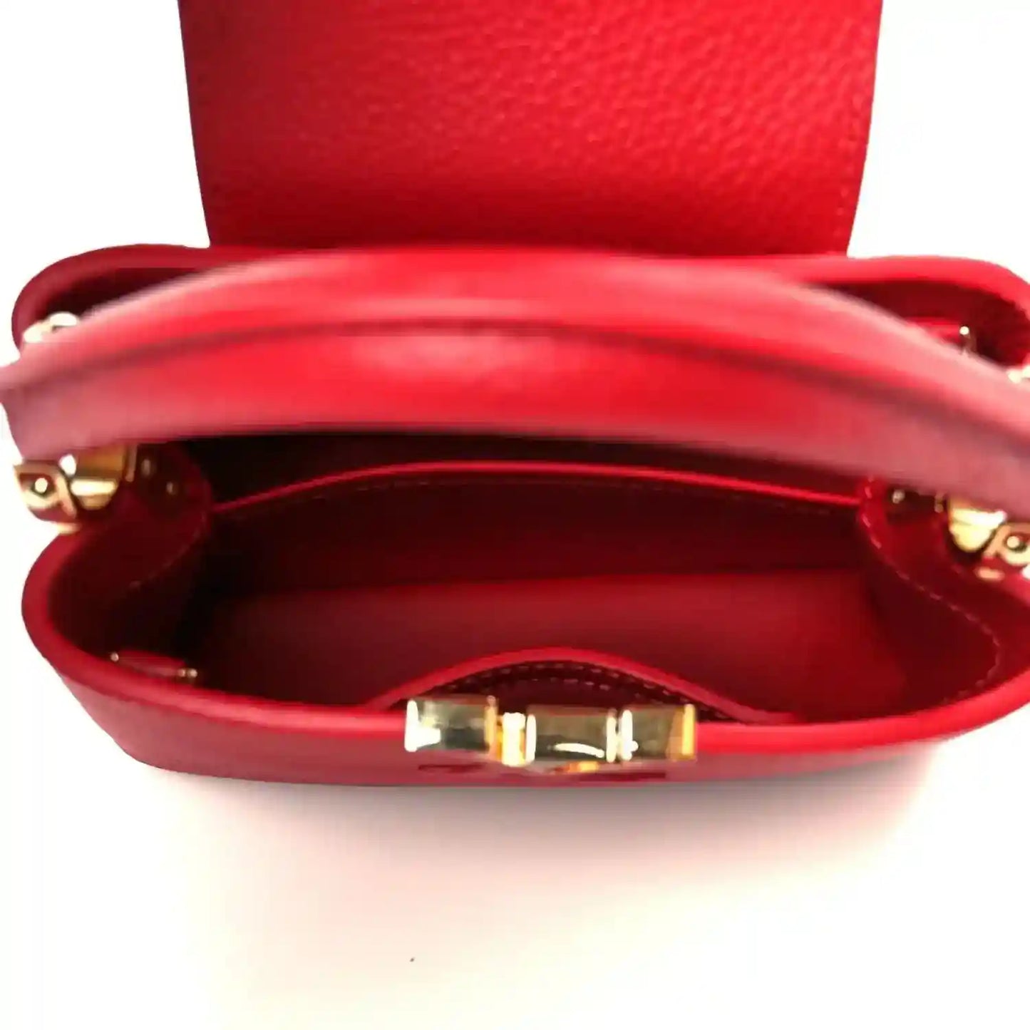 Louis Vuitton scarlet mini handbag interior view with red lining and gold-tone clasp