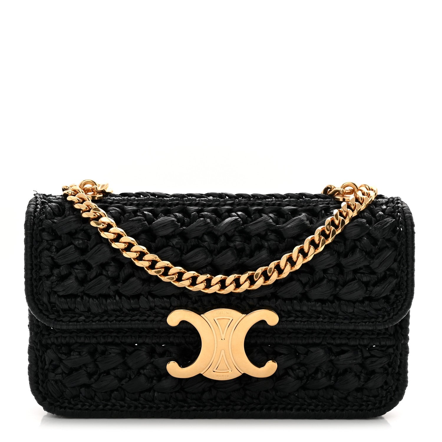 Black raffia-effect chain shoulder bag with gold CC logo and top flap