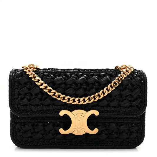 Black raffia-effect chain shoulder bag with gold CC logo and top flap